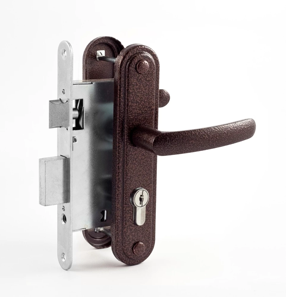 Фото Замок врезной цилиндровый с защёлкой в комплекте с ручкой ЗВ7.02 (медь), 4 кл.