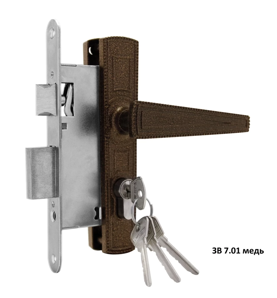 Фото Замок врезной цилиндровый с защёлкой в комплекте с ручкой ЗВ7.01 (медь), 4 кл.